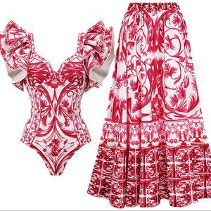 Baroco Style Printed One Piece Swimsuit and Skirt  by Flaxmaker